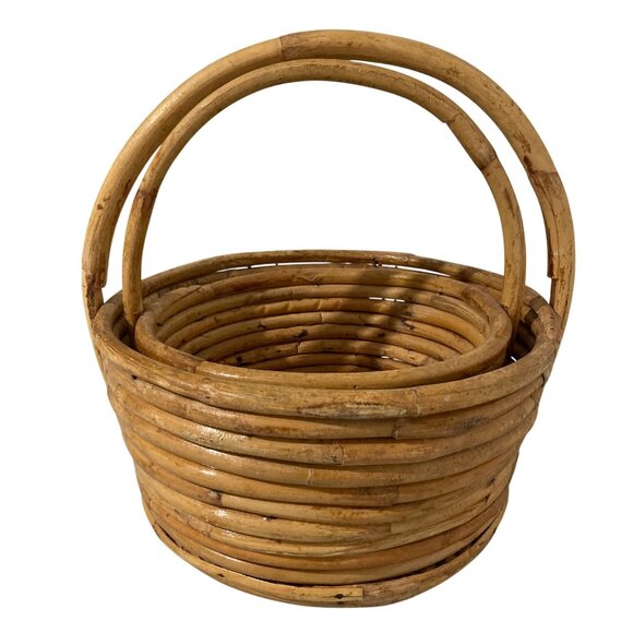 Vintage Woven Rattan Nesting Basket Set With Handles - Picture 1 of 10